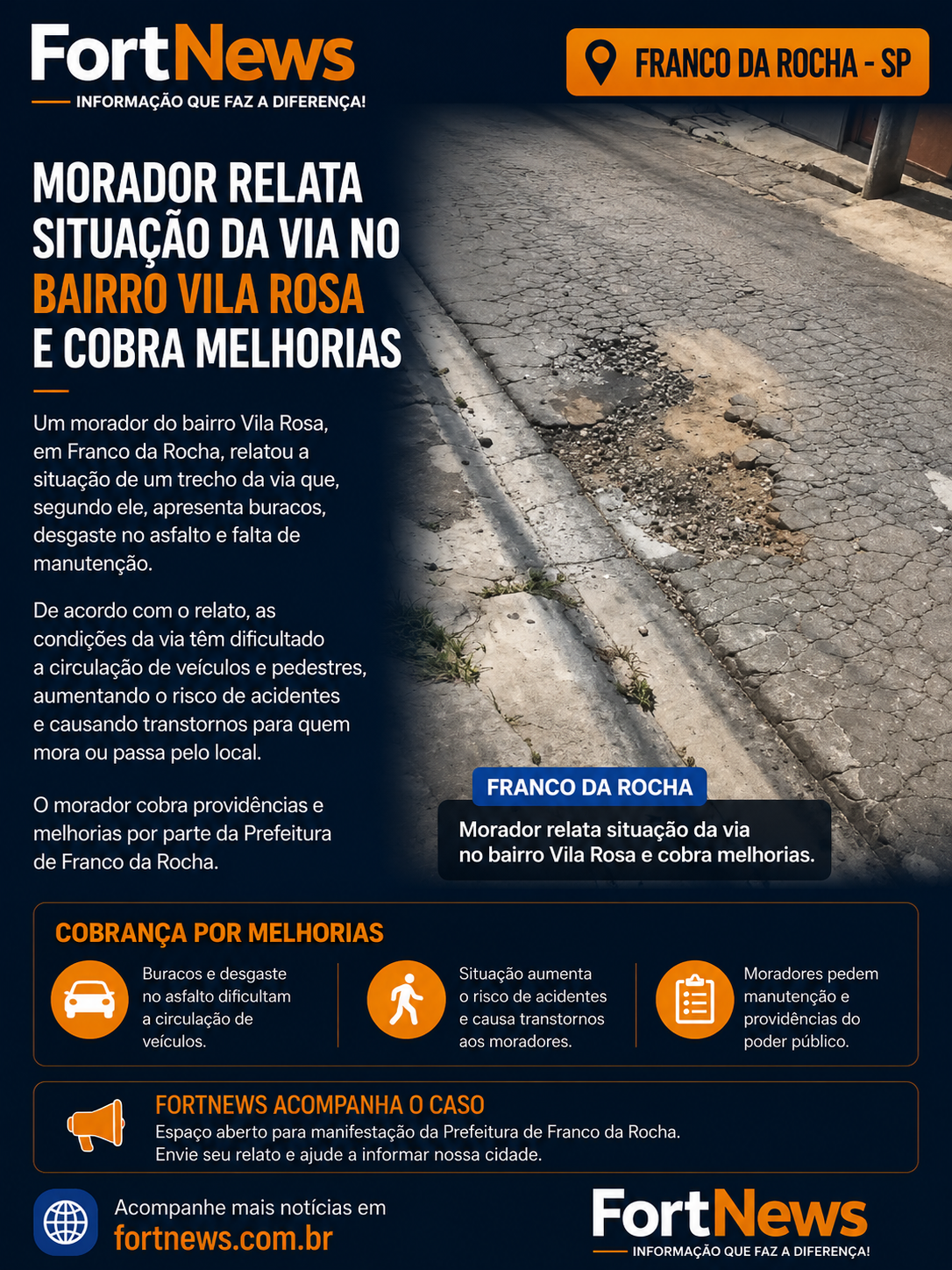 Morador denuncia problemas em via no bairro Vila Rosa e cobra melhorias em Franco da Rocha