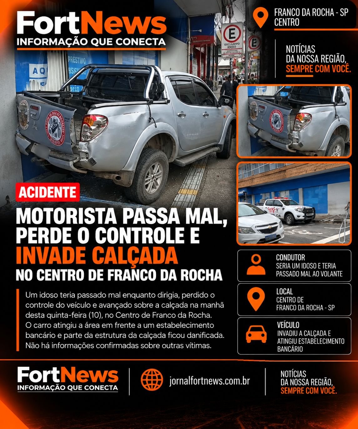 Motorista passa mal, perde o controle e invade calçada no Centro de Franco da Rocha