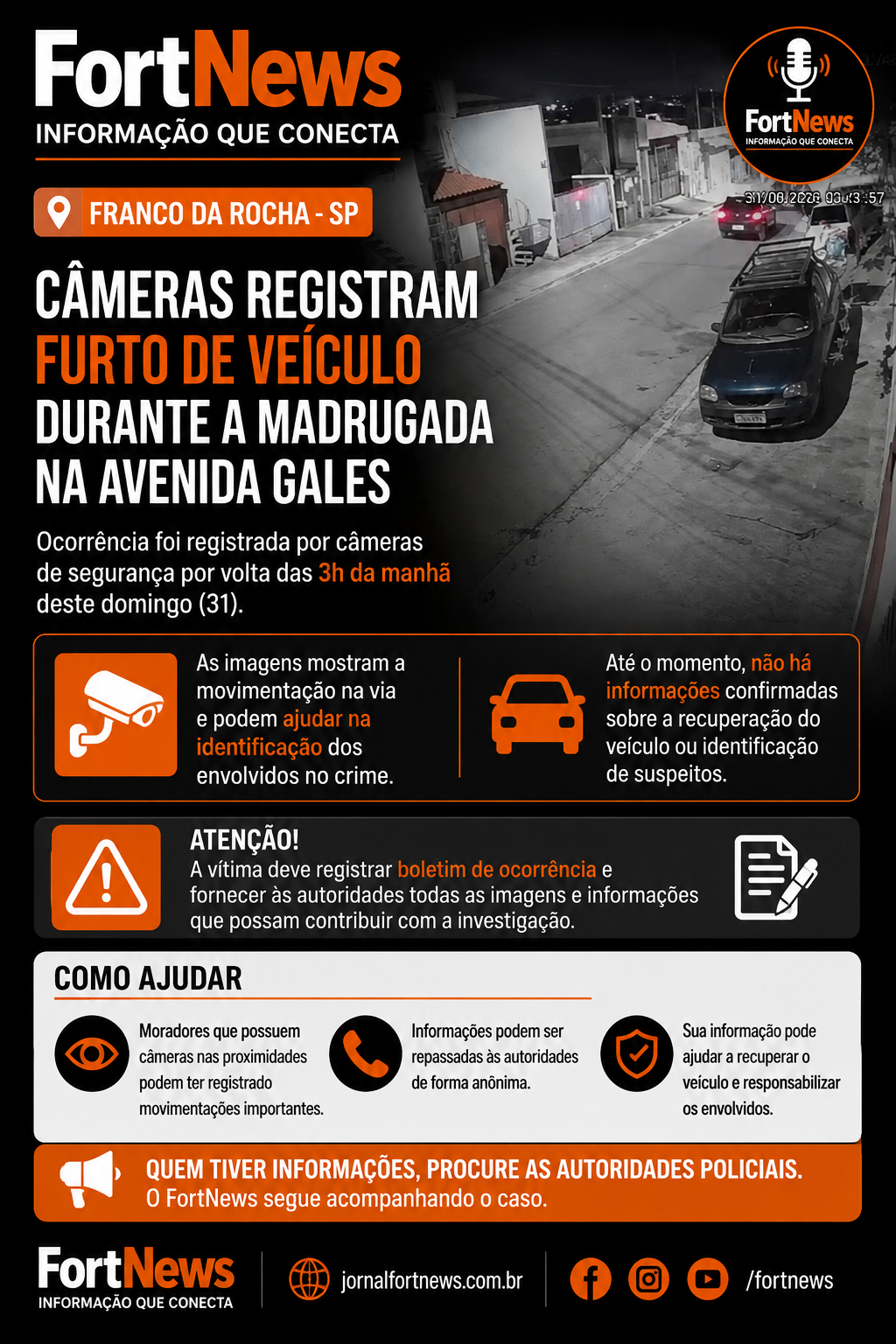 Câmeras registram furto de veículo durante a madrugada em Franco da Rocha