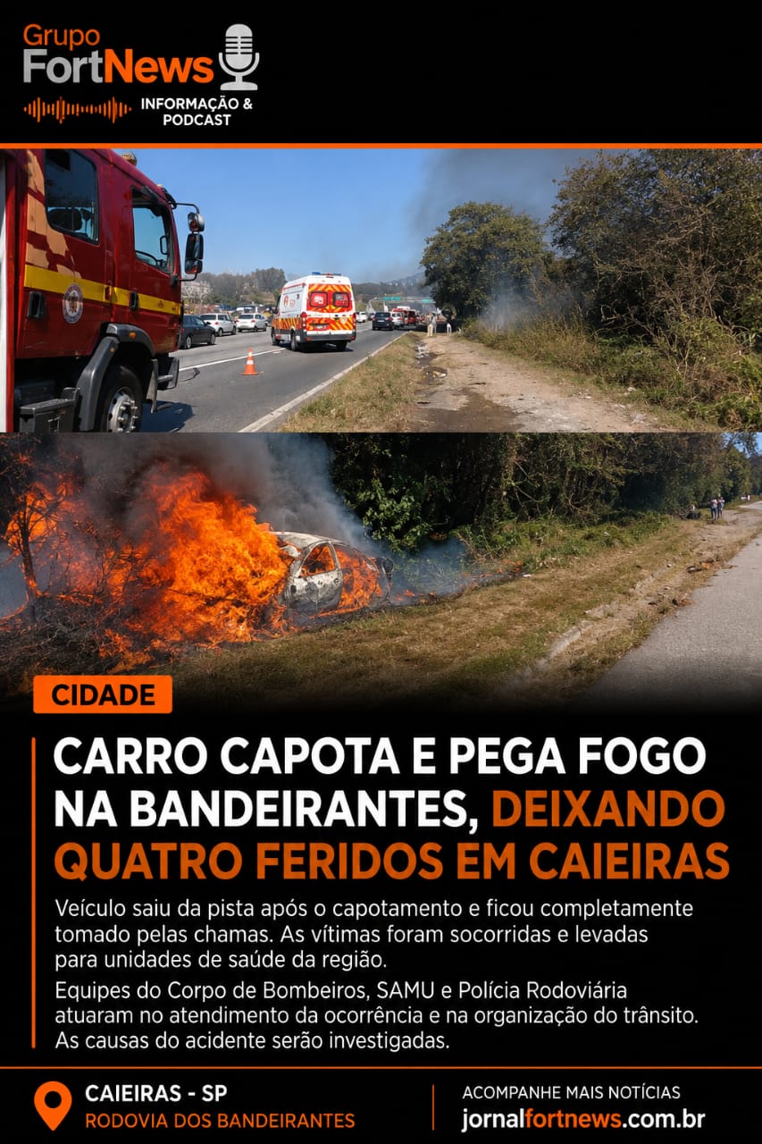 Carro capota e pega fogo na Rodovia dos Bandeirantes; quatro pessoas ficam feridas em Caieiras