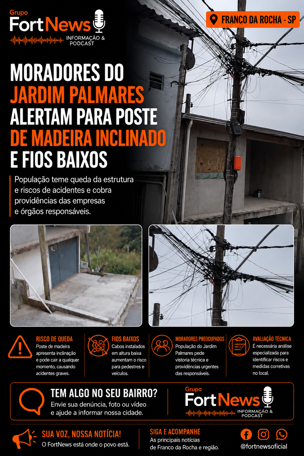Moradores do Jardim Palmares alertam para poste de madeira inclinado e fios baixos