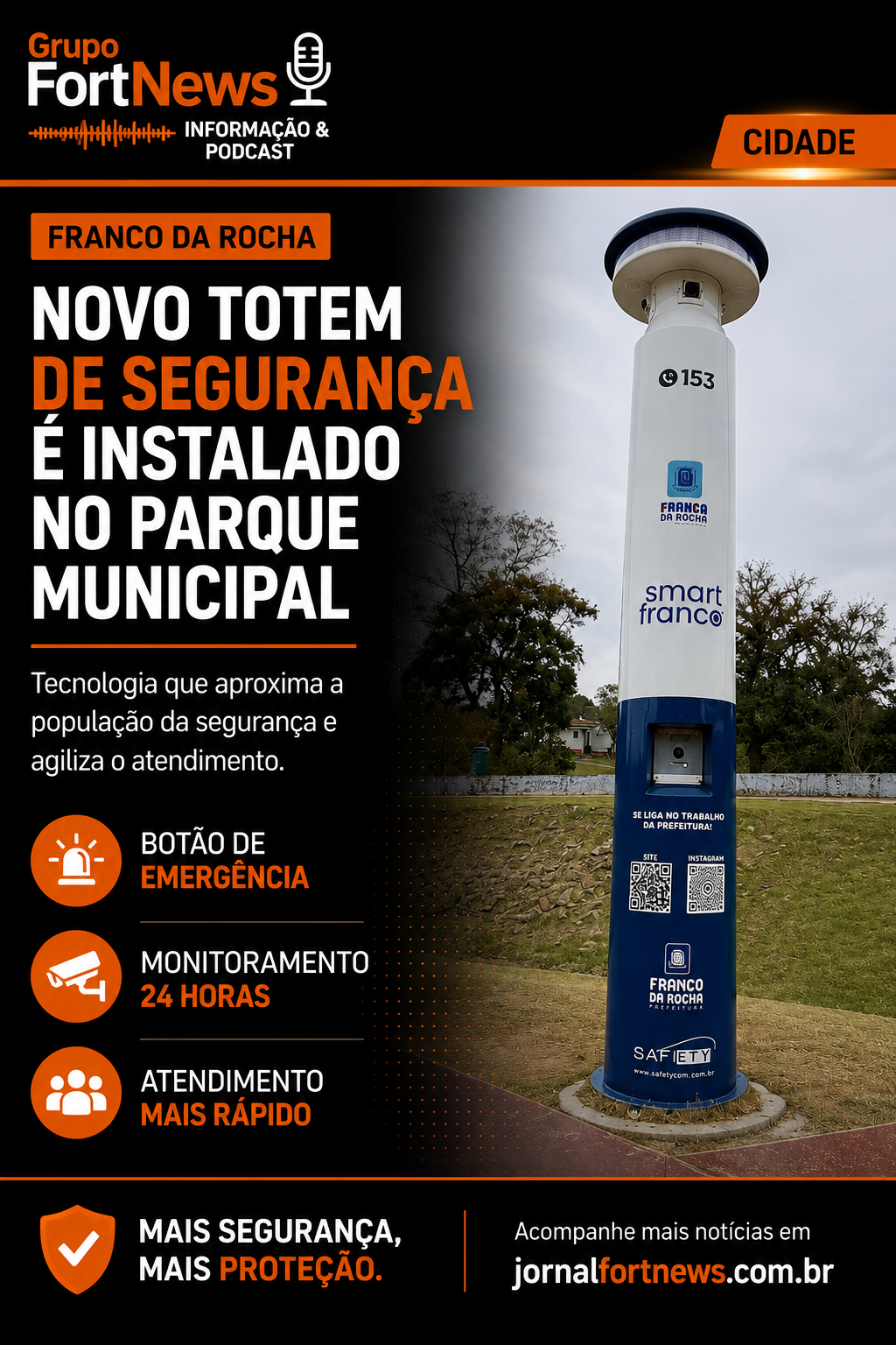🚨 NOVO TOTEM DE SEGURANÇA É INSTALADO NO PARQUE MUNICIPAL DE FRANCO DA ROCHA
