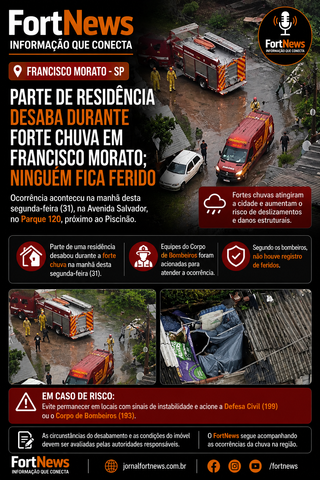 Parte de residência desaba durante forte chuva em Francisco Morato; ninguém ficou ferido