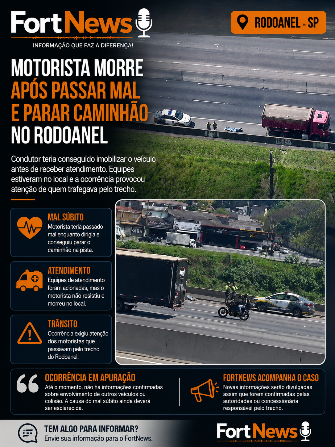 Motorista morre após passar mal e parar caminhão no Rodoanel