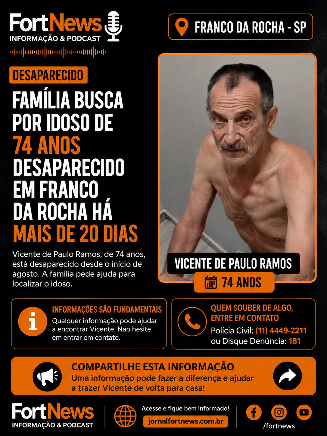 Família procura idoso de 74 anos desaparecido há mais de 20 dias em Franco da Rocha