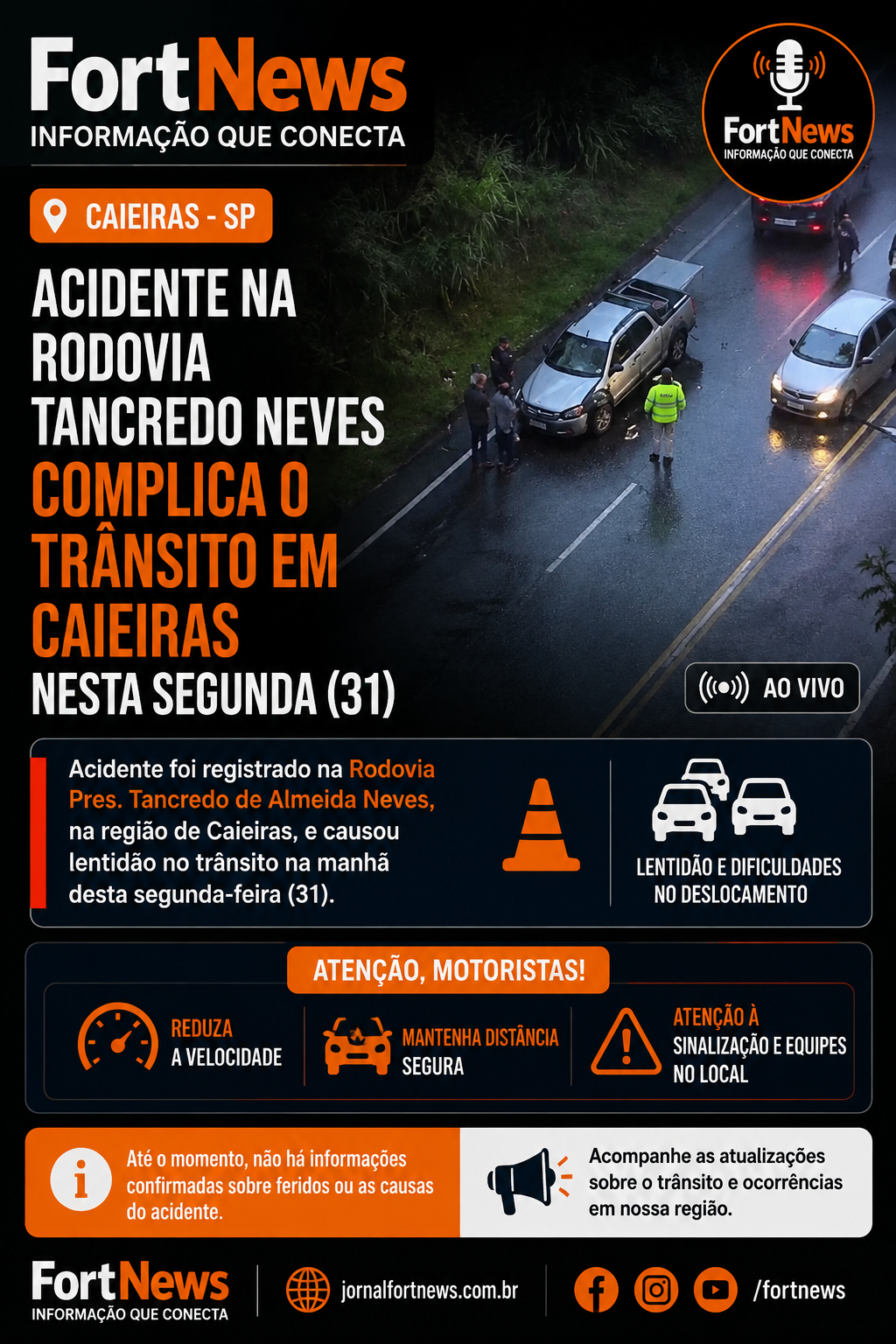 Acidente na Rodovia Tancredo Neves complica trânsito em Caieiras nesta segunda-feira (31)