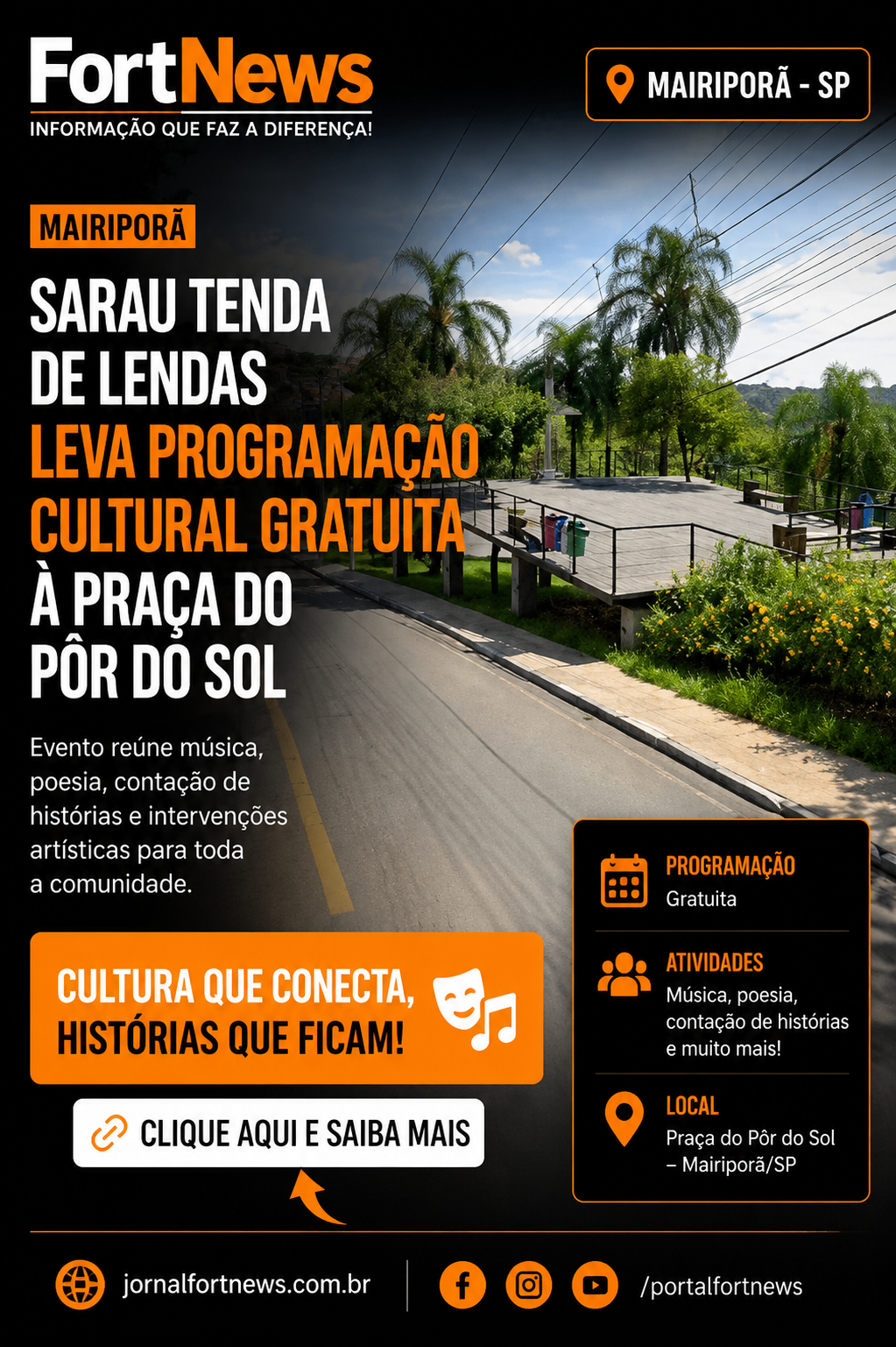 Sarau Tenda de Lendas leva programação cultural gratuita à Praça do Pôr do Sol, em Mairiporã