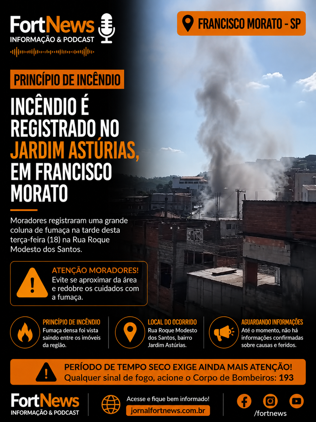 Princípio de incêndio é registrado no Jardim Astúrias, em Francisco Morato