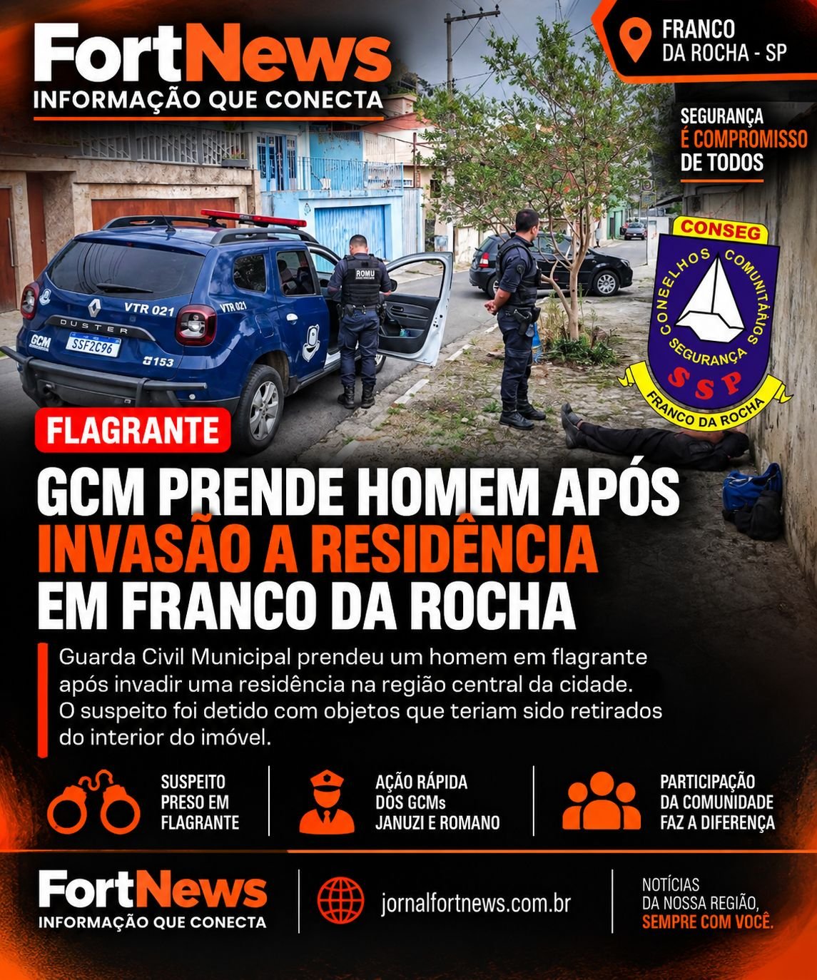 GCM prende homem em flagrante após invasão a residência no centro de Franco da Rocha