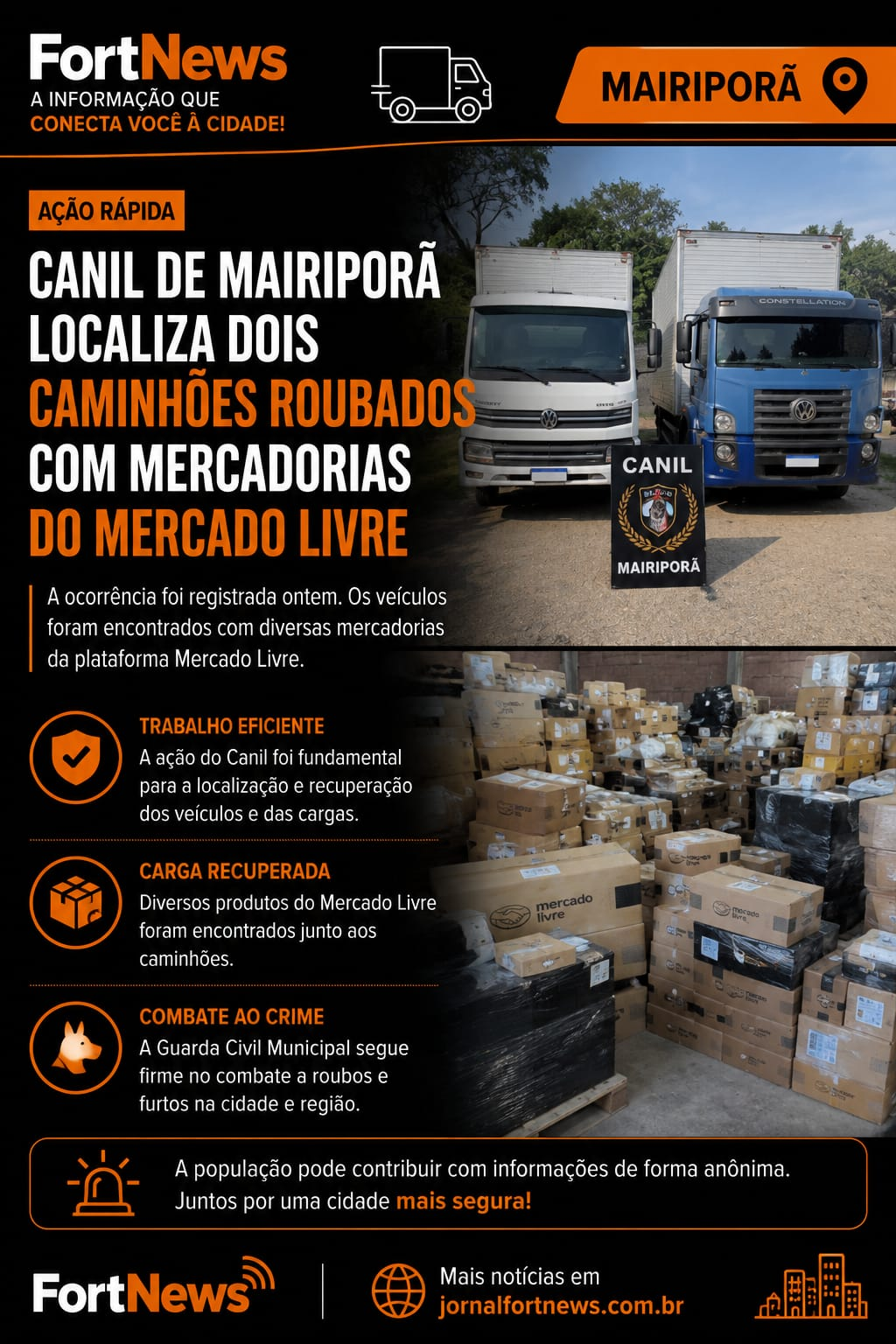 Canil da GCM de Mairiporã localiza caminhões roubados com cargas do Mercado Livre