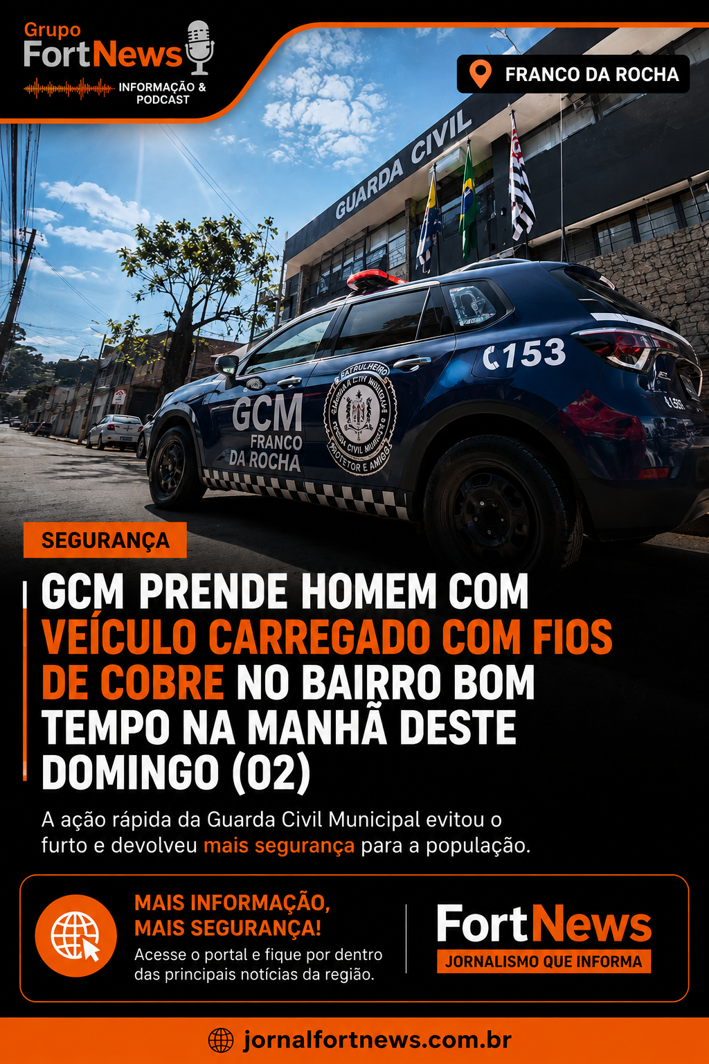 GCM PRENDE HOMEM COM VEÍCULO CARREGADO COM FIOS DE COBRE NO BAIRRO BOM TEMPO, EM FRANCO DA ROCHA