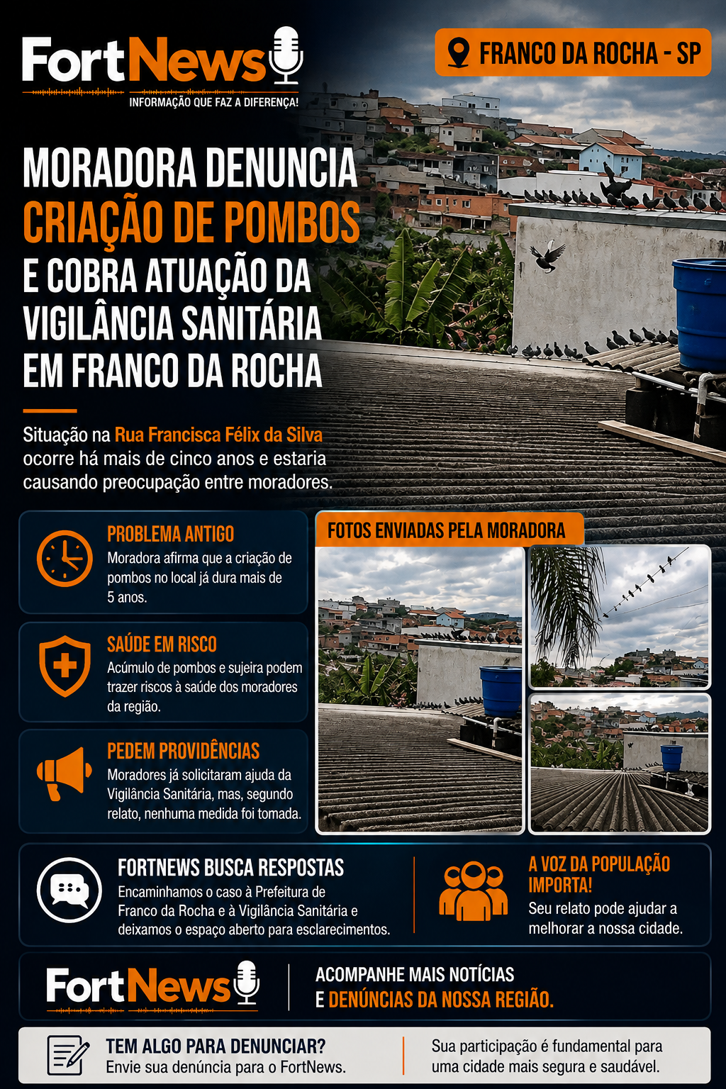 Moradora denuncia criação de pombos e cobra providências da Vigilância Sanitária em Franco da Rocha