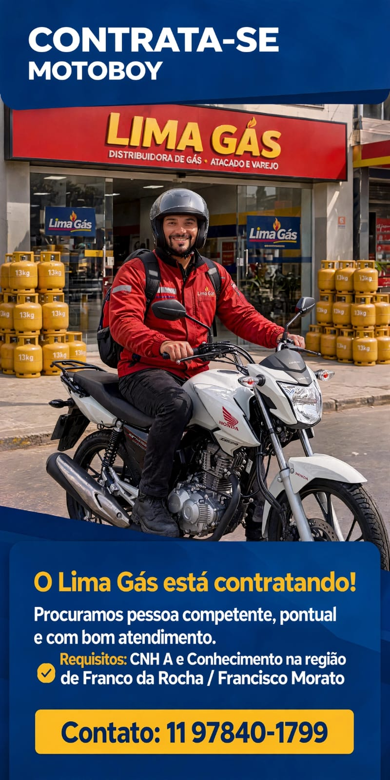📢 Lima Gás abre vaga para motoboy em Franco da Rocha e Francisco Morato