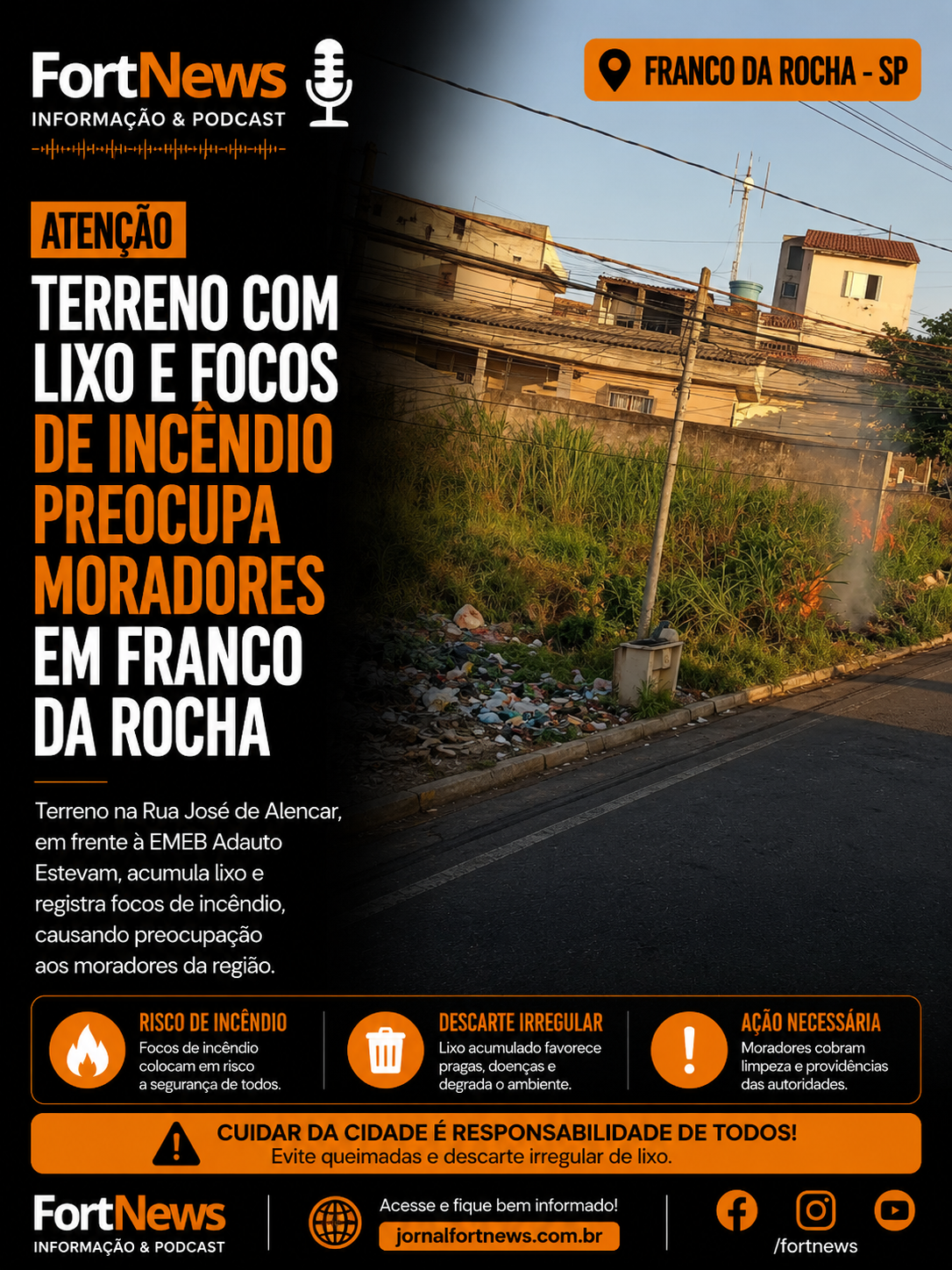 Terreno com lixo e focos de incêndio preocupa moradores em Franco da Rocha