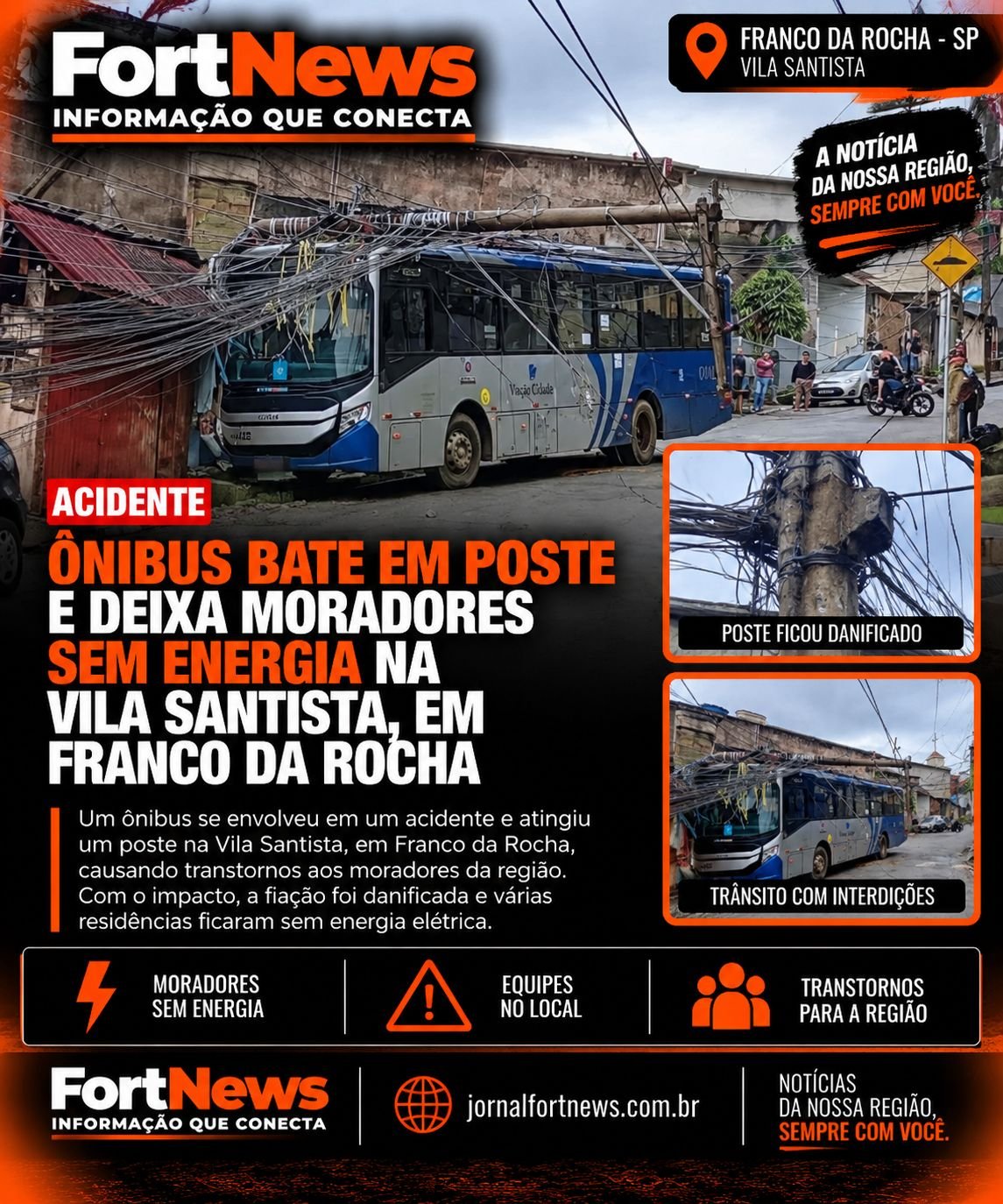 Ônibus bate em poste e deixa moradores sem energia na Vila Santista, em Franco da Rocha