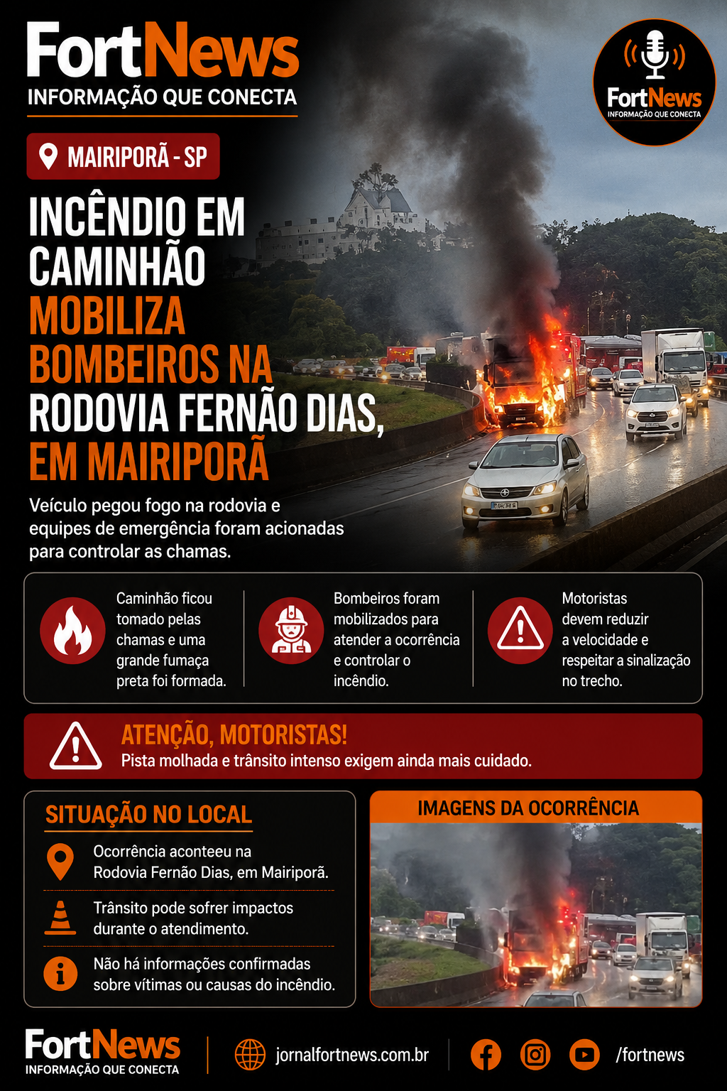 Incêndio em caminhão mobiliza bombeiros na Rodovia Fernão Dias, em Mairiporã