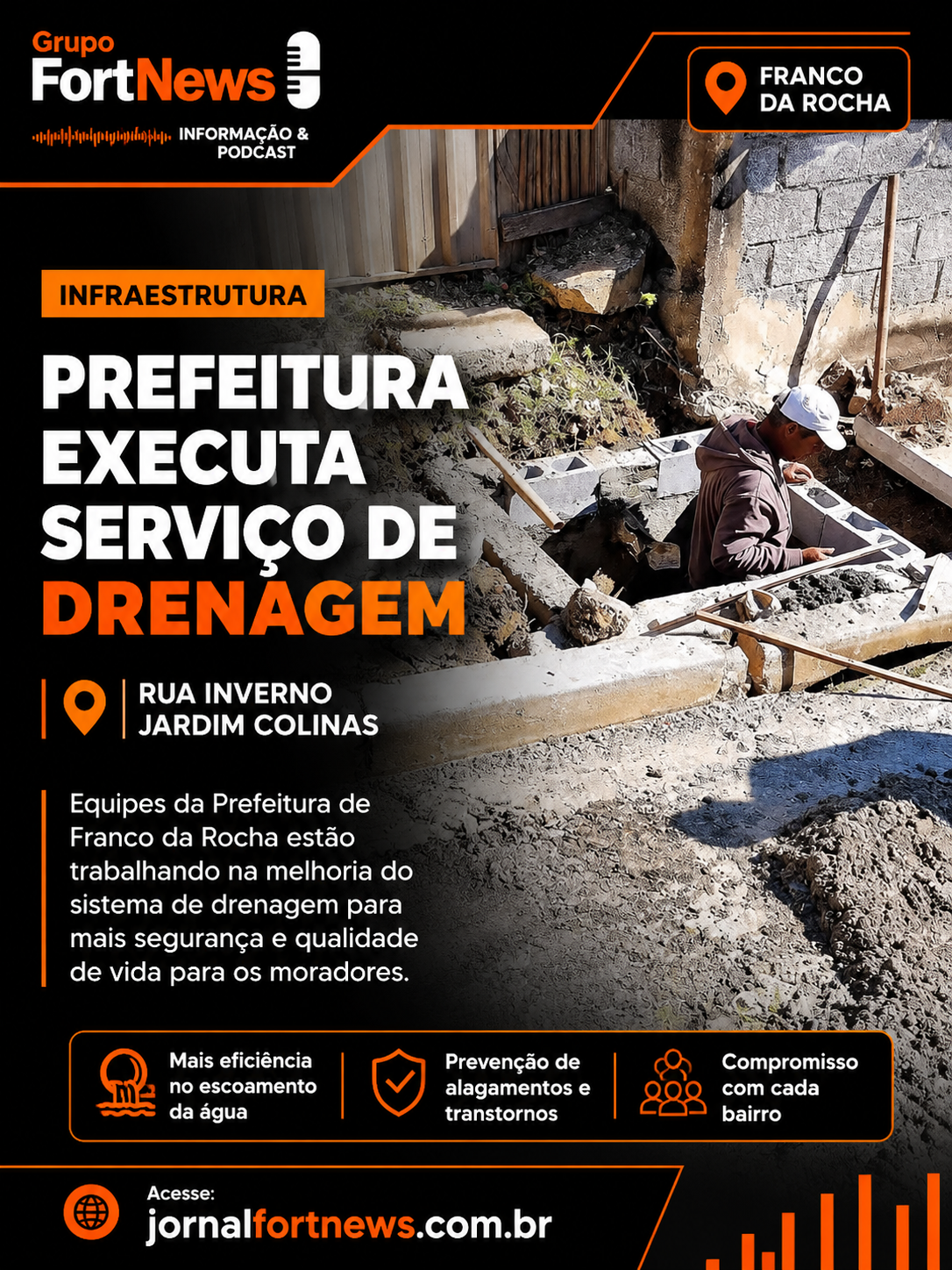 Prefeitura de Franco da Rocha realiza obra de drenagem na Rua Inverno, no Jardim Colinas