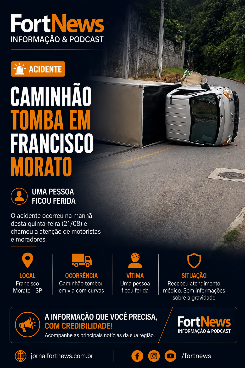 🚨 Caminhão tomba e deixa uma pessoa ferida em Francisco Morato