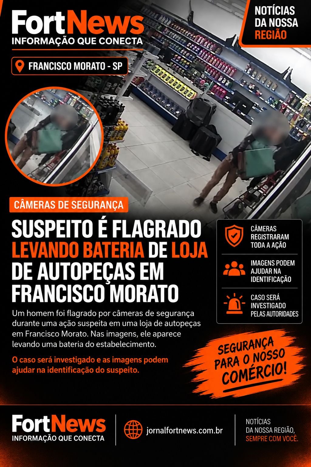 Suspeito é flagrado por câmeras levando bateria de loja de autopeças em Francisco Morato