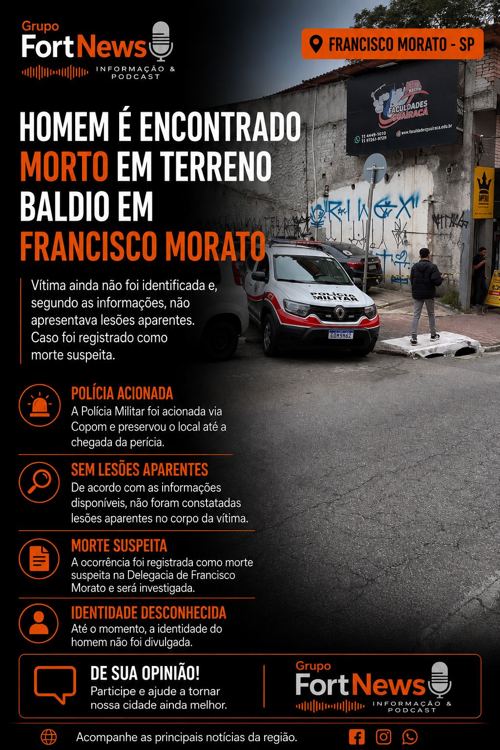 Homem é encontrado morto em terreno baldio em Francisco Morato