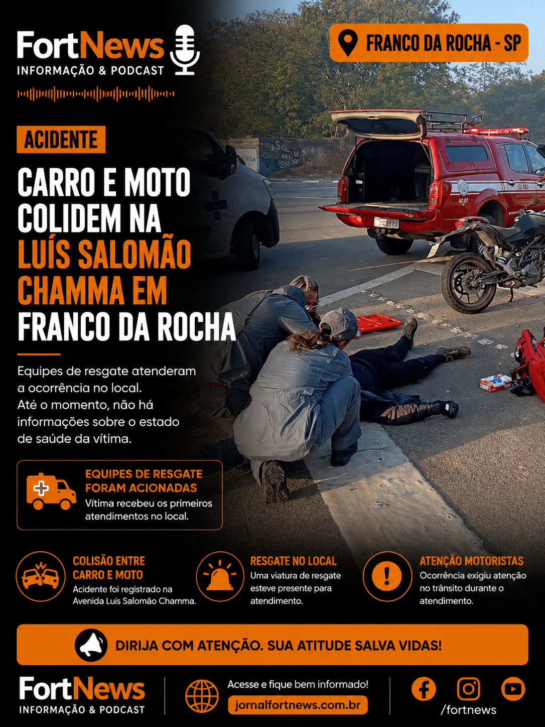 Acidente entre carro e moto mobiliza equipes de resgate em Franco da Rocha