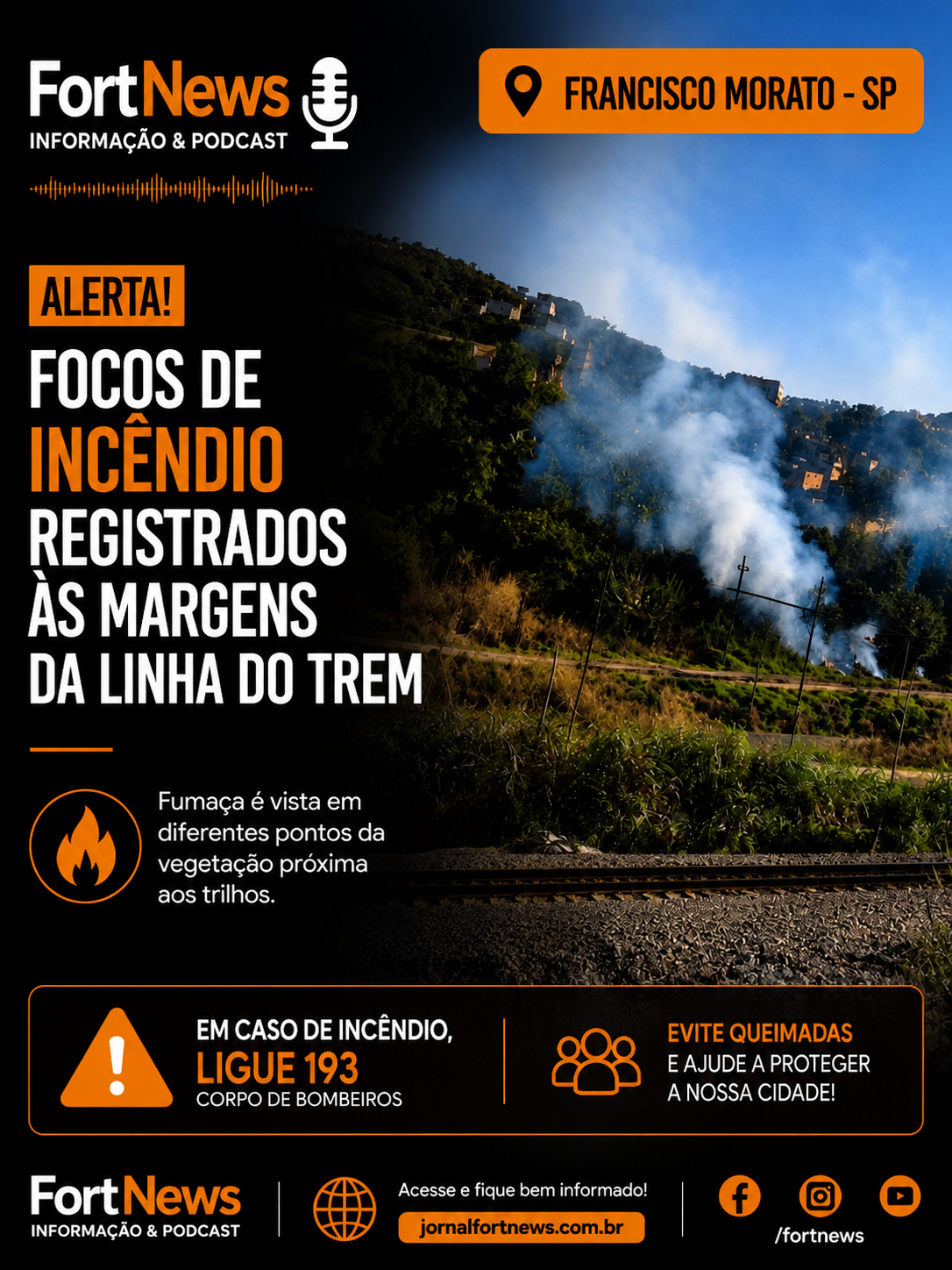 Focos de incêndio são registrados às margens da linha férrea em Francisco Morato