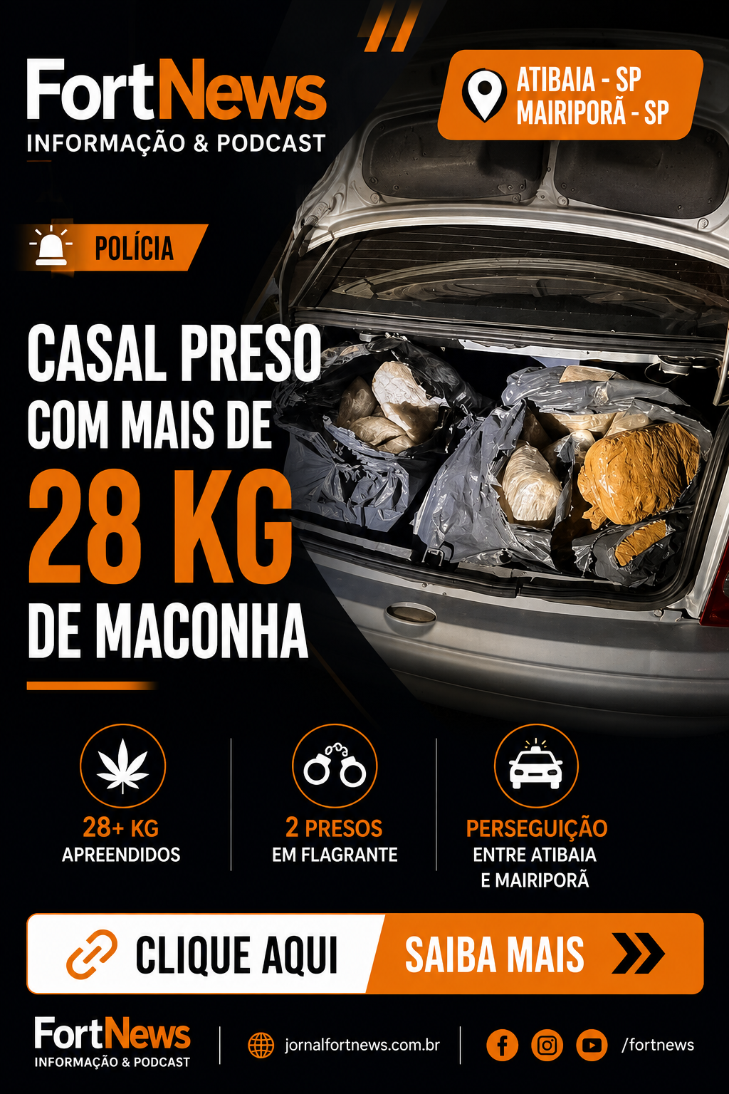 Casal é preso com mais de 28 kg de maconha após perseguição entre Atibaia e Mairiporã