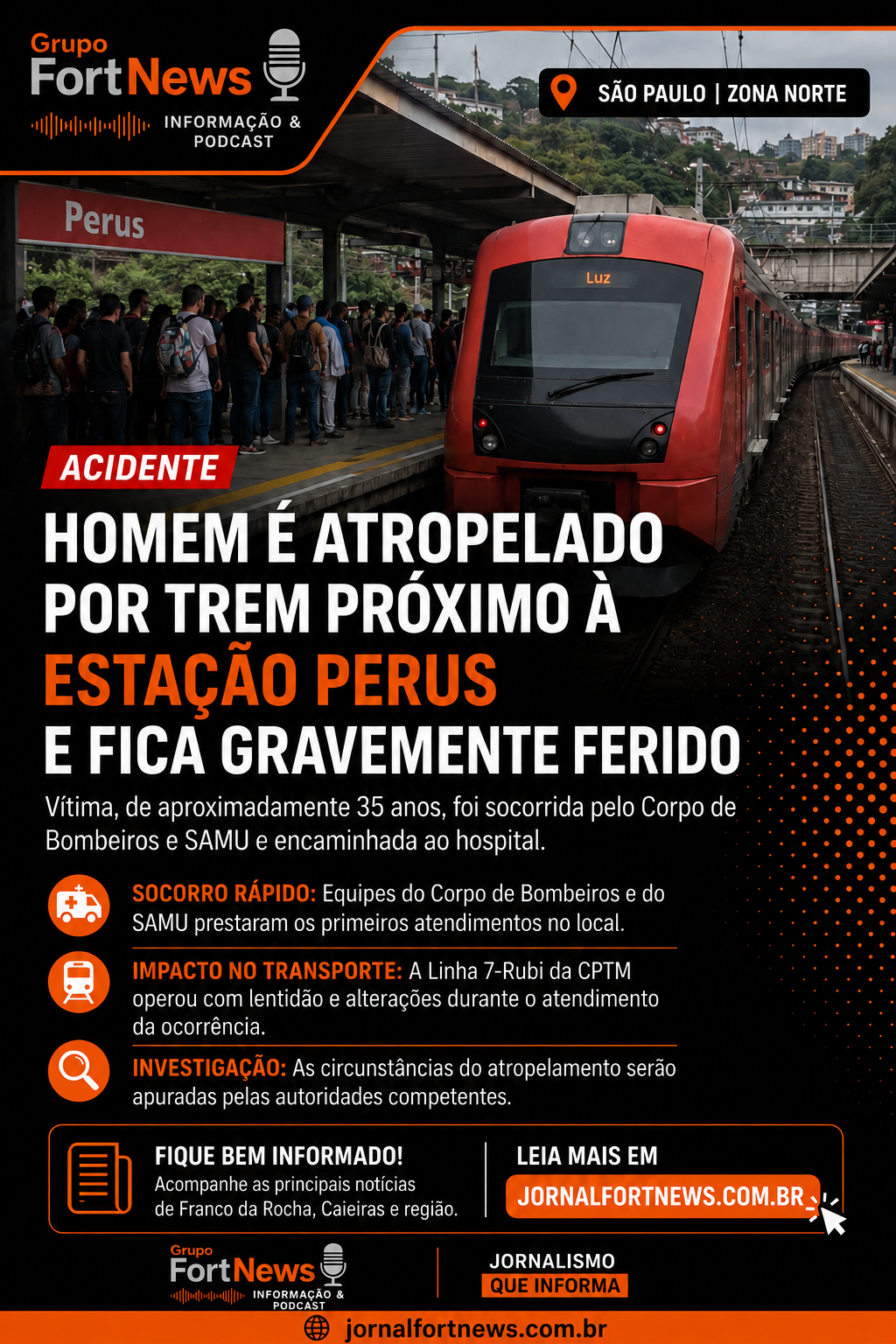 Homem é atropelado por trem próximo à Estação Perus e fica gravemente ferido