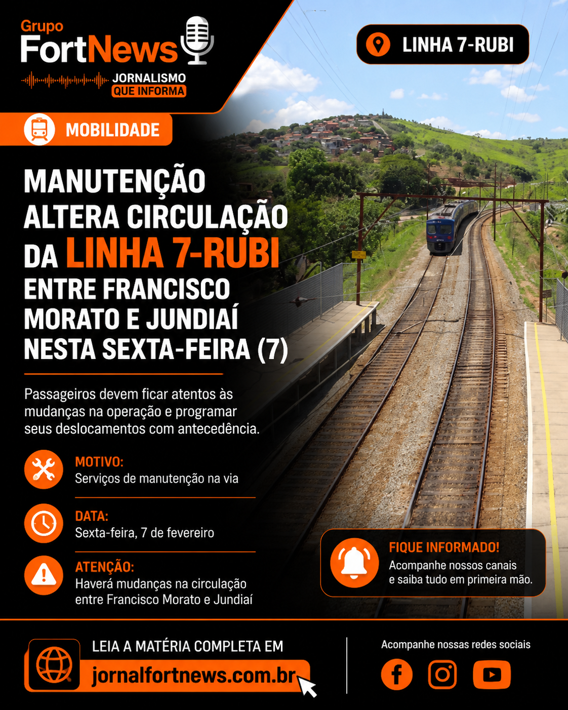 Manutenção altera circulação da Linha 7-Rubi entre Francisco Morato e Jundiaí nesta sexta-feira (7)