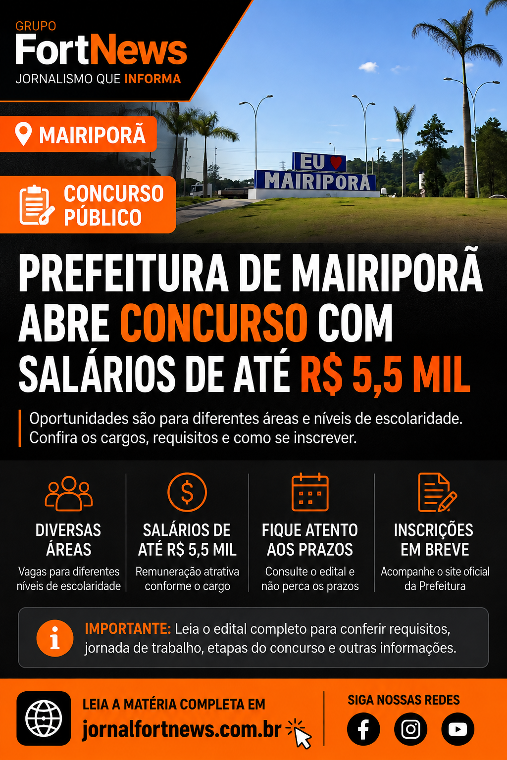 Prefeitura de Mairiporã abre concurso público com salários de até R$ 5,5 mil
