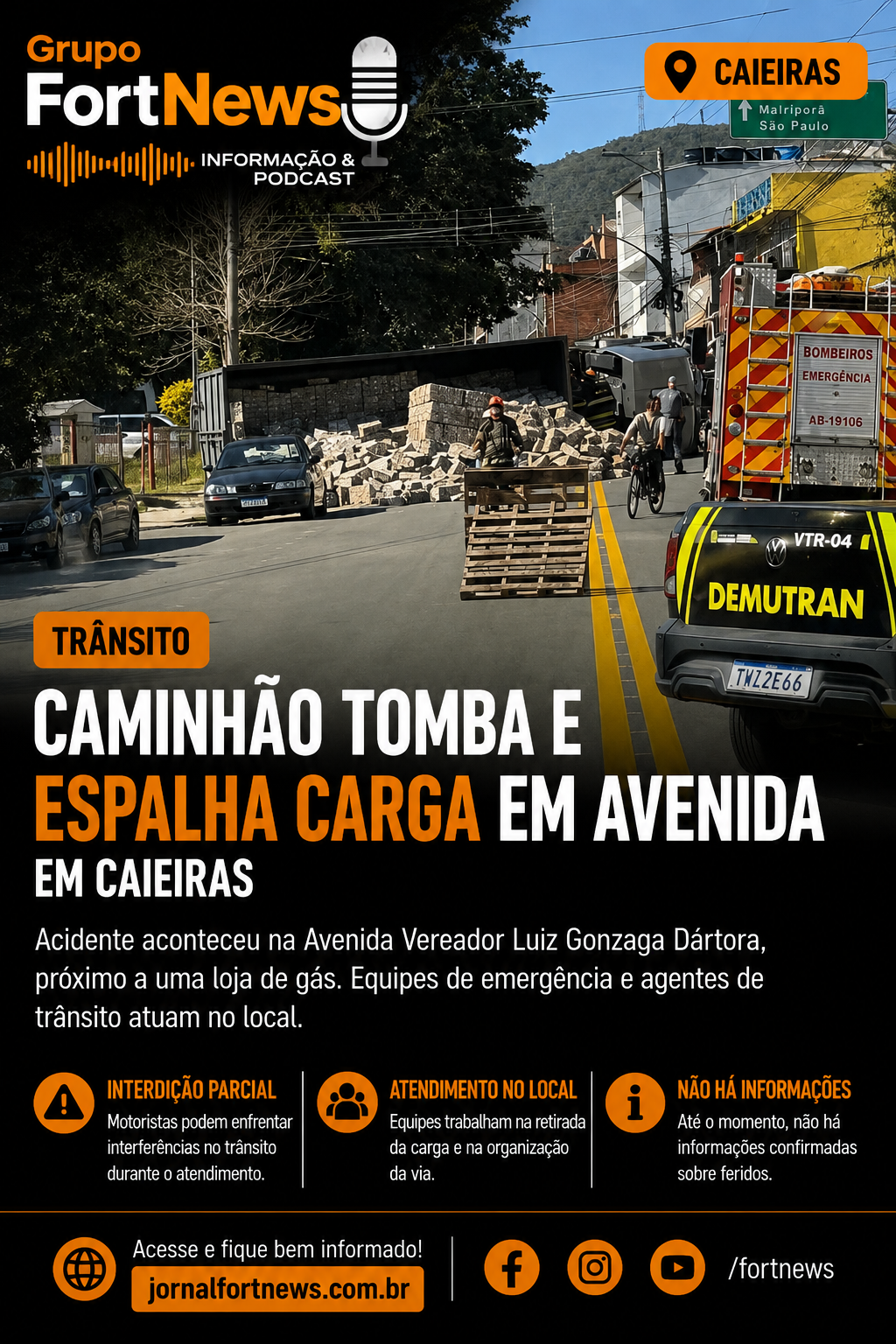 Caminhão tomba e espalha carga em avenida de Caieiras