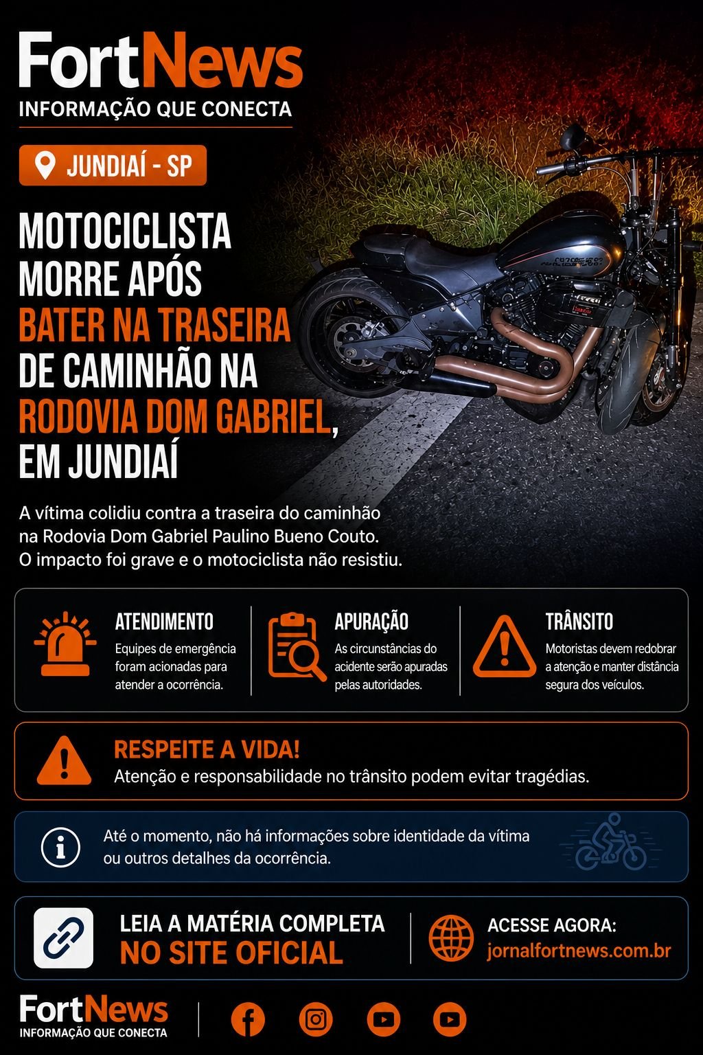 Motociclista morre após colisão com caminhão na Rodovia Dom Gabriel, em Jundiaí