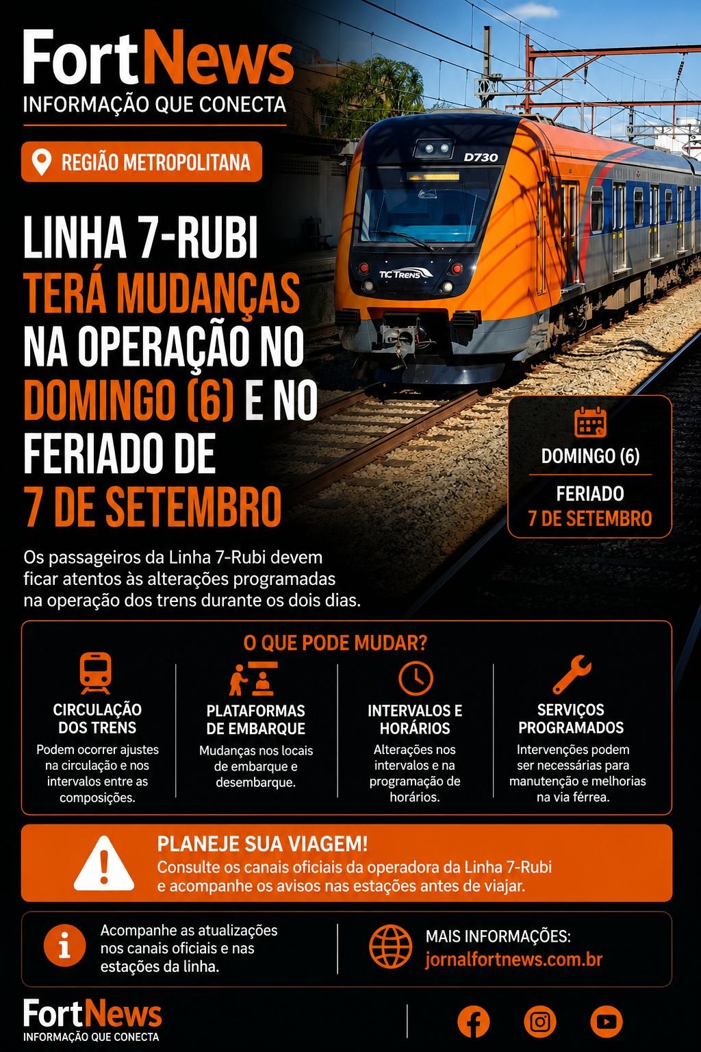 Linha 7-Rubi terá mudanças na operação no domingo (6) e no feriado de 7 de Setembro