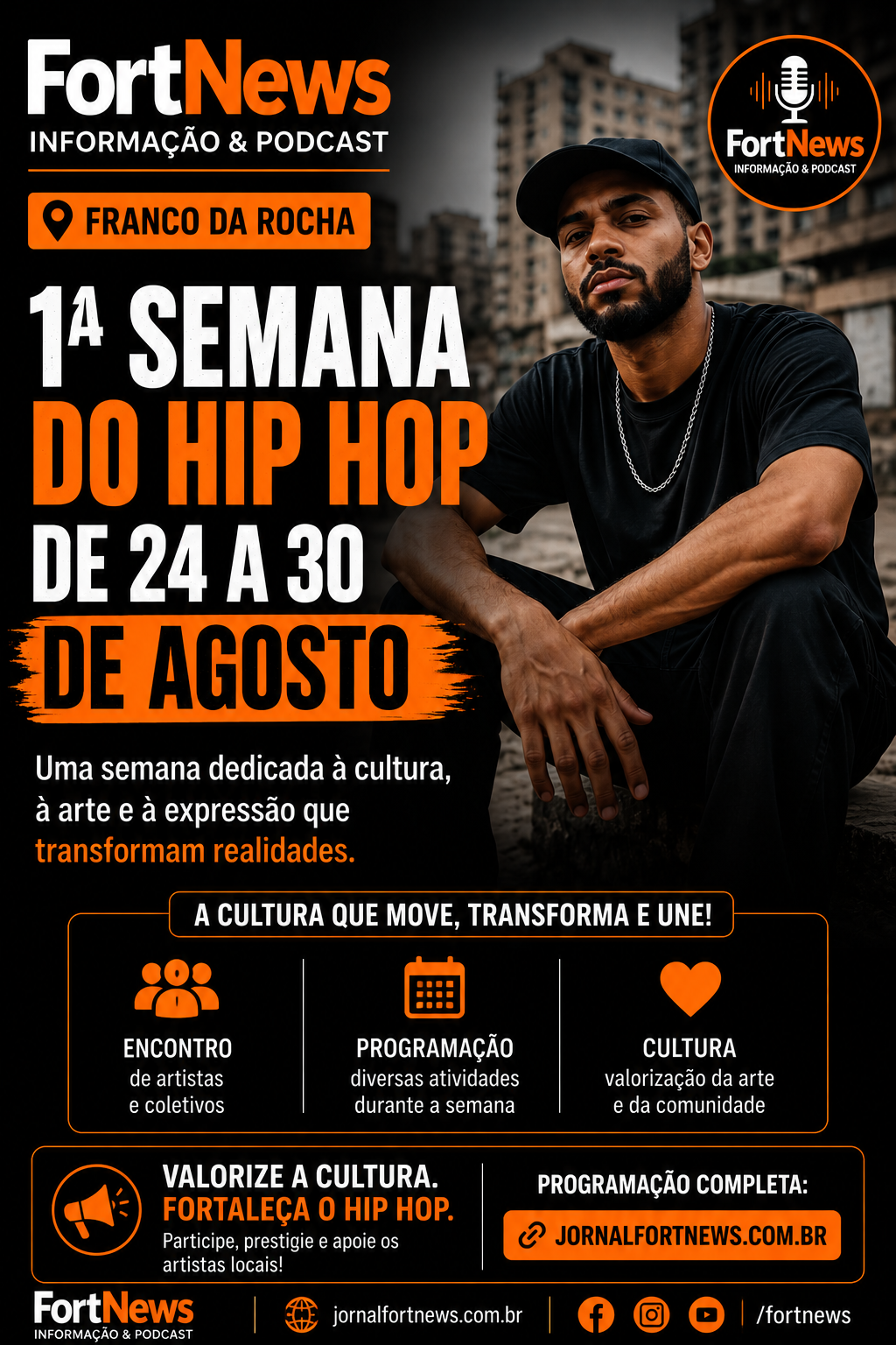 🎤 Franco da Rocha realiza 1ª Semana do Hip Hop com programação entre 24 e 30 de agosto