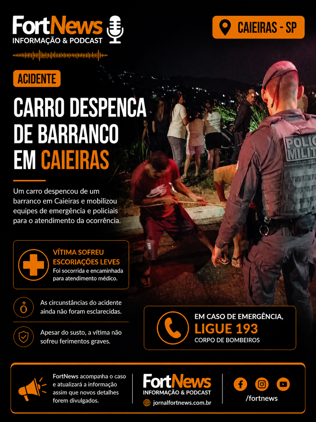 Carro despenca de barranco em Caieiras; vítima é socorrida com escoriações leves