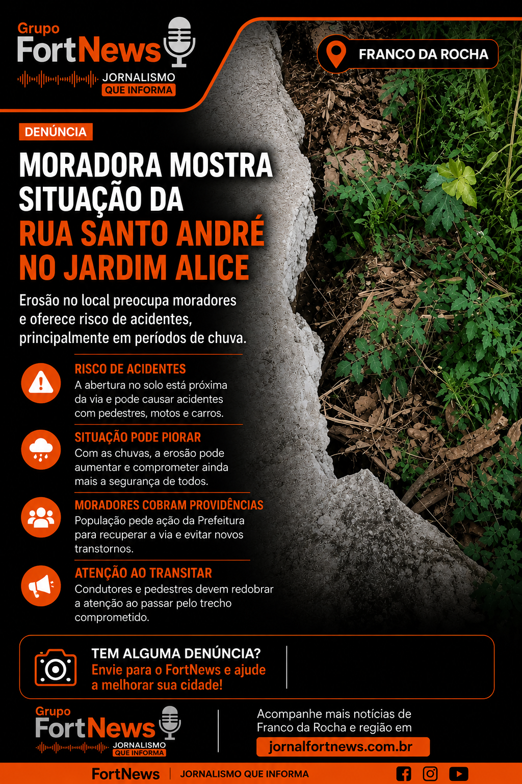 Moradora denuncia erosão na Rua Santo André e pede providências no Jardim Alice, em Franco da Rocha
