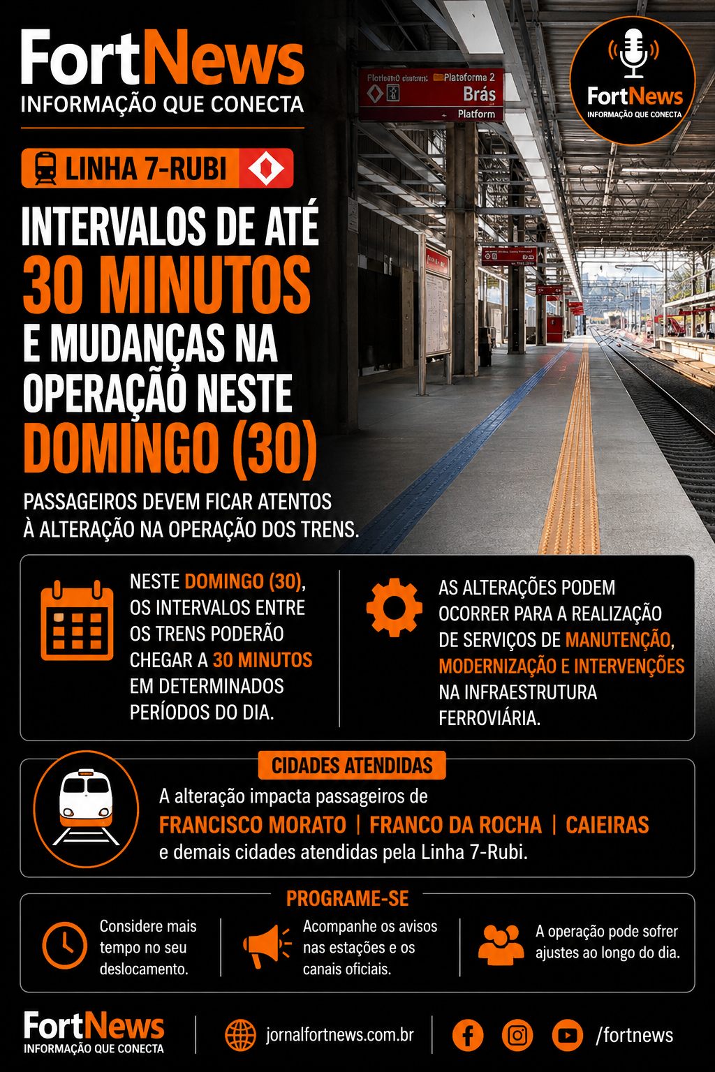 Linha 7-Rubi terá intervalos de até 30 minutos e mudanças na operação neste domingo (30)