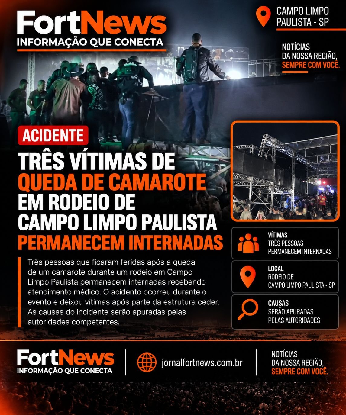 Três vítimas de queda de camarote em rodeio de Campo Limpo Paulista permanecem internadas