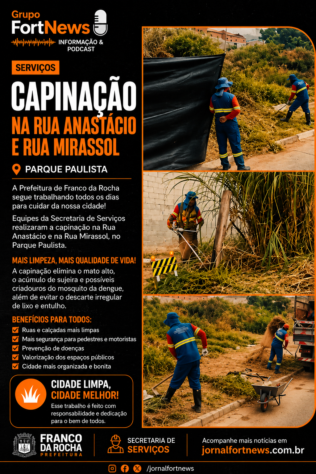 Prefeitura realiza serviços de capinação nas ruas Anastácio e Mirassol, no Parque Paulista