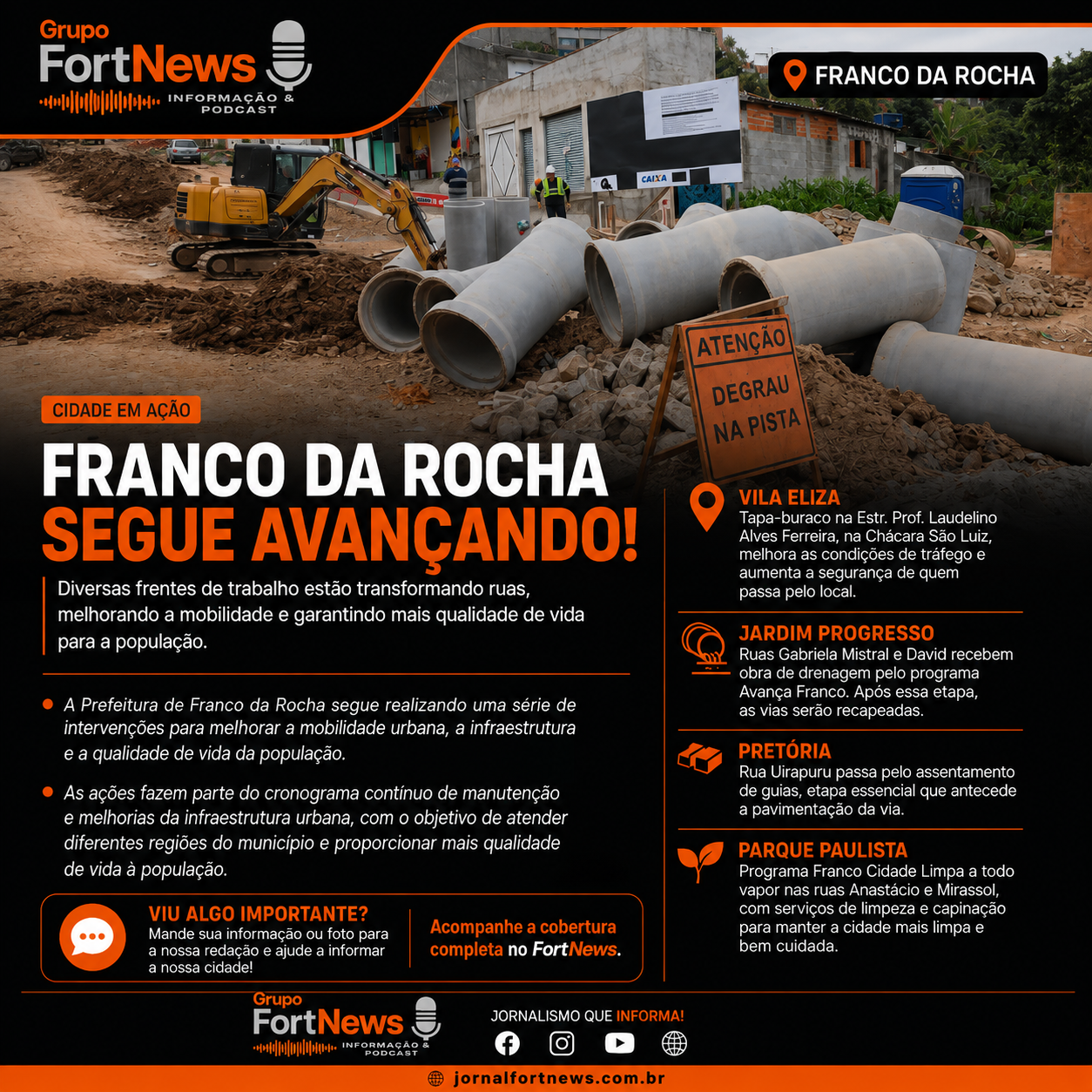 Franco da Rocha avança com obras de infraestrutura e manutenção em diferentes bairros
