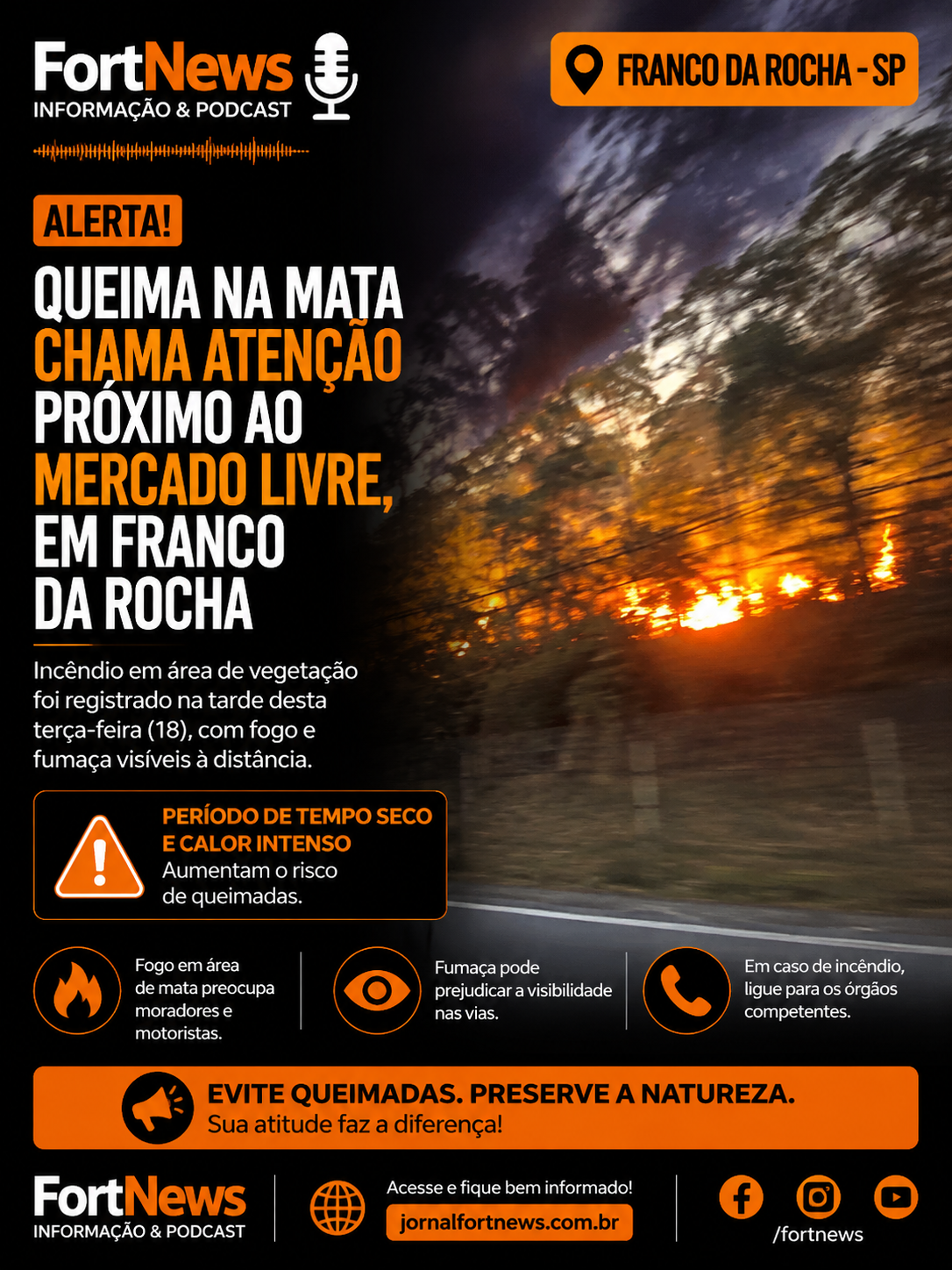 Incêndio em área de mata chama atenção próximo ao Mercado Livre, em Franco da Rocha